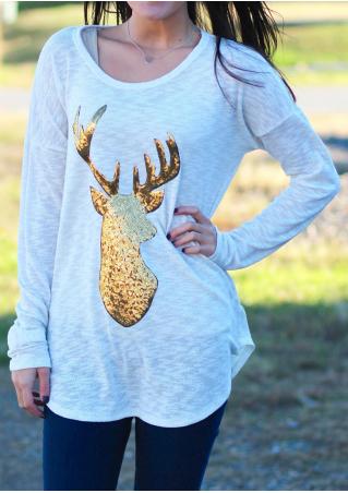 Christmas Sequined Reindeer Splicing O-Neck Blouse