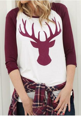 Christmas Reindeer Printed Splicing O-Neck T-Shirt