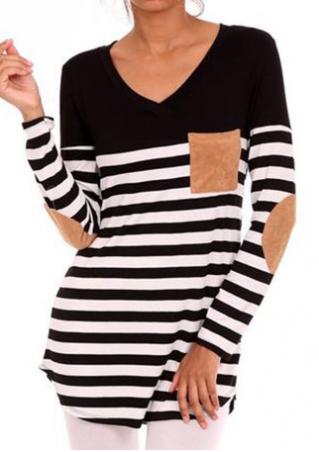 Striped Pocket Elbow Patch Long Sleeve Blouse