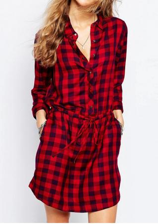 Plaid Pocket Button Casual Dress Without Necklace