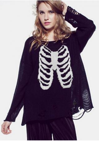 Skeleton Printed Hole Long Sleeve Thin Sweater