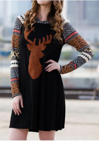 Christmas Reindeer Printed Splicing Hooded Dress