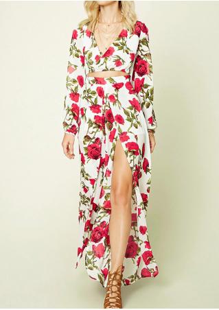 Floral Side Slit Hollow Out Maxi Dress Without Necklace