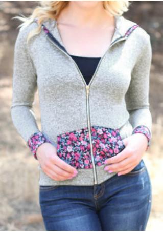 Floral Splicing Pocket Zipper Hoodie