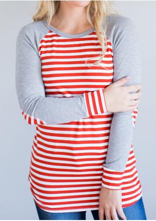 Striped Splicing Elbow Patch O-Neck T-Shirt