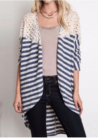 Striped Asymmetric Lace Splicing Cardigan Without Necklace
