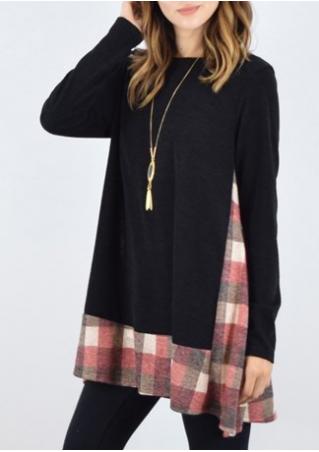 Plaid Splicing Long Blouse Without Necklace