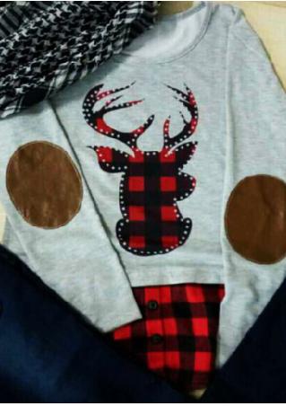Christmas Reindeer Plaid Elbow Patch Blouse