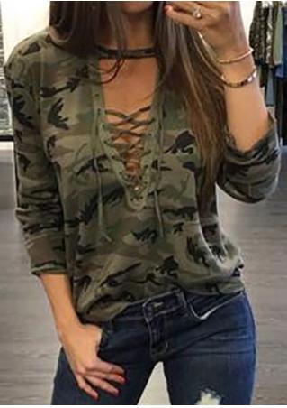 Lace Up Camouflage Printed Long Sleeve Blouse