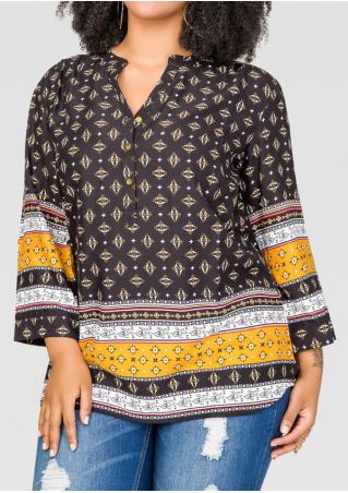 Ethnic Printed Button Plus Size Blouse