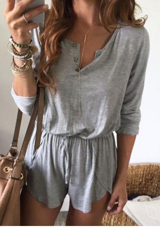 Solid Botton Long Sleeve Romper