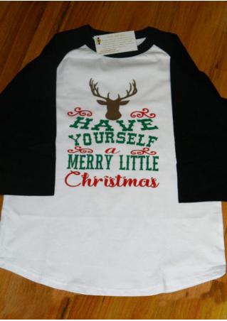 Christmas Reindeer Letter Printed Splicing O-Neck T-Shirt