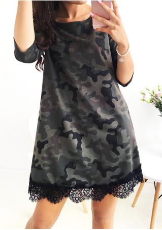 Camouflage Printed Lace Splicing O-Neck Dress