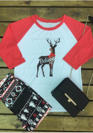 Christmas Reindeer Believe Printed Splicing T-Shirt