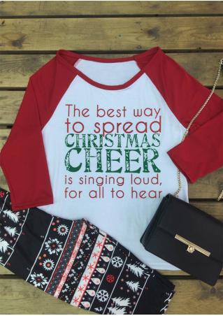 Christmas Letter Printed Splicing O-Neck T-Shirt