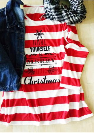 Christmas Letter Printed Striped O-Neck T-Shirt