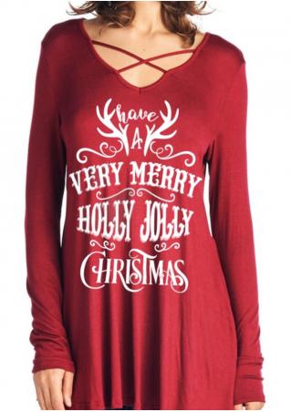 Christmas Letter Printed Front Cross Long Sleeve Blouse