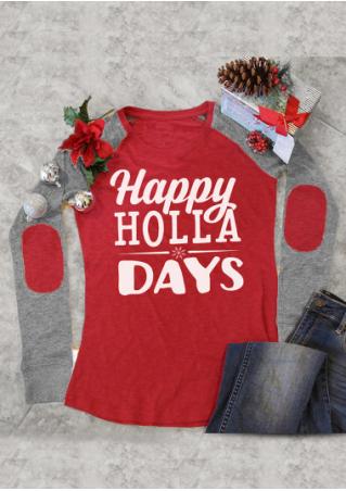 Happy HOLLA DAYS Printed Elbow Patch Splicing T-Shirt