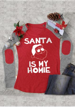 Christmas Santa Claus Letter Printed Elbow Patch Splicing T-Shirt