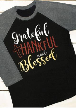Grateful Thankful and Blessed Printed Splicing T-Shirt