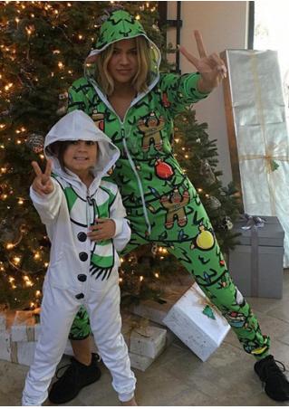 Christmas Printed Zipper Hooded Jumpsuit For Adult