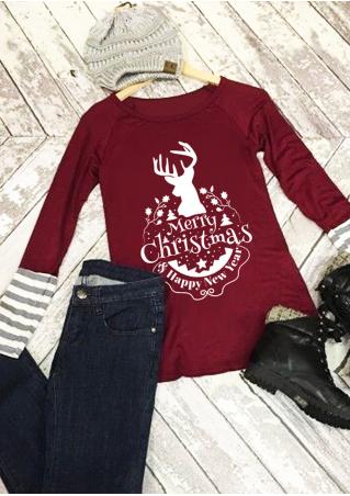 Christmas Reindeer Letter Printed Striped Splicing T-Shirt