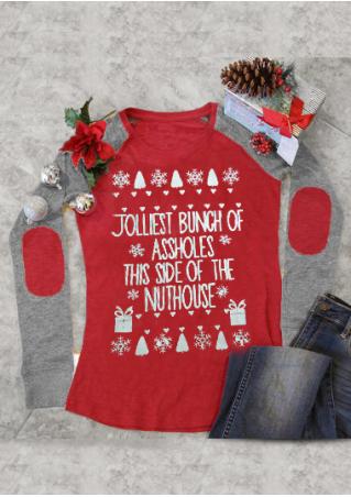 Christmas Snowflake Letter Printed Elbow Patch Splicing T-Shirt
