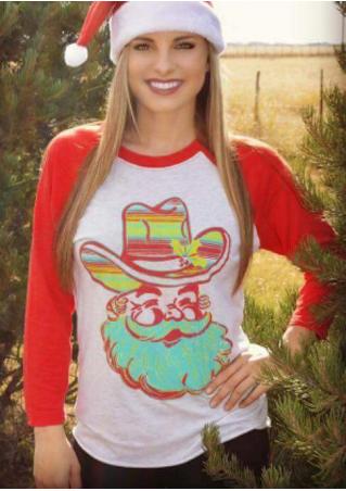 Christmas Santa Claus Printed Splicing Casual T-Shirt