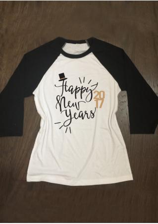 Happy New Years 2017 Printed Splicing O-Neck T-Shirt