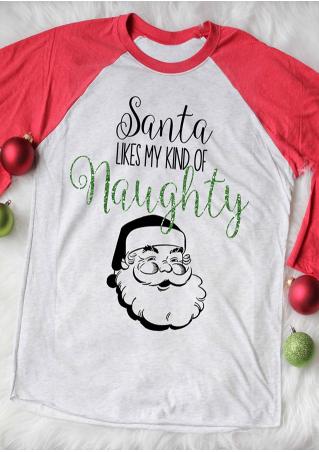 Christmas Santa Claus Letter Printed Splicing O-Neck T-Shirt