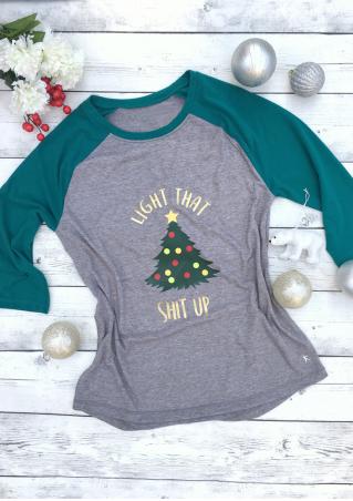 Christmas Tree Letter Printed Splicing T-Shirt