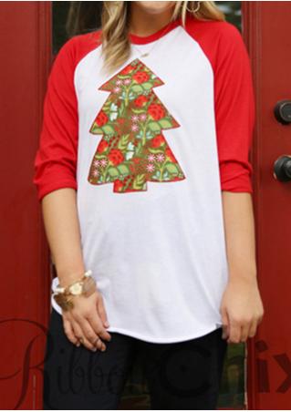 Christmas Tree Printed Splicing O-Neck T-Shirt Without Necklace