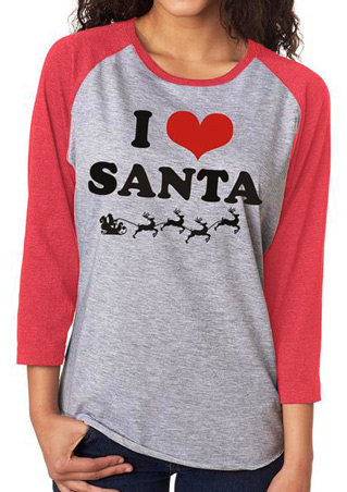 Christmas I LOVE SANTA Printed Splicing T-Shirt