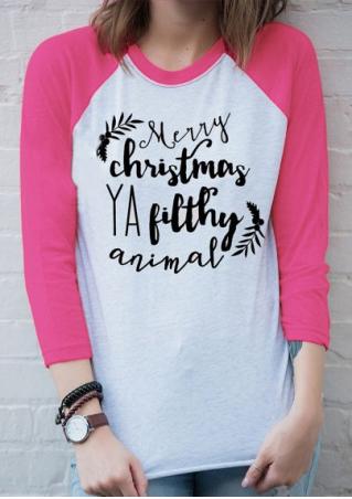 Christmas Letter Printed Splicing O-Neck T-Shirt