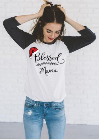 Christmas Blesssed Mama Printed Splicing O-Neck T-Shirt