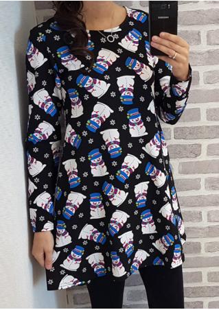 Snowman Printed Long Sleeve Dress Without Necklace