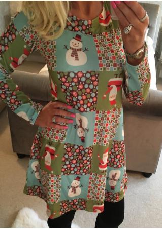Christmas Snowman Santa Claus Printed Long Sleeve Dress