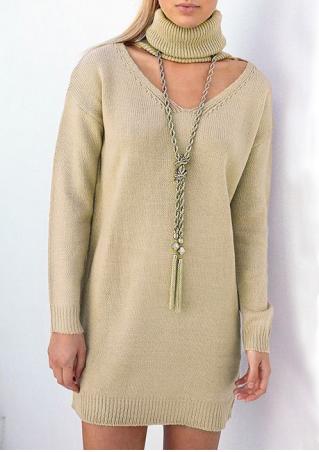 Solid Knitted Hollow Out Long Sleeve Loose Dress Without Necklace