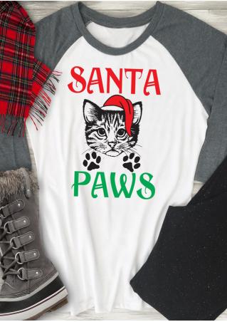 Christmas Cat Paws Printed Splicing T-Shirt