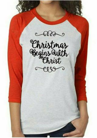 Christmas Letter Printed Splicing O-Neck T-Shirt