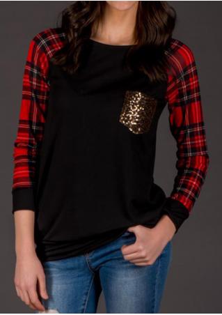 Plaid Splicing Sequined Pocket Long Sleeve T-Shirt