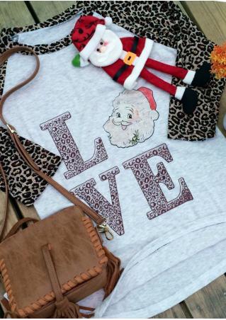 Christmas Letter Leopard Printed Splicing O-Neck T-Shirt