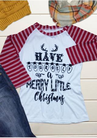 MERRY LITTLE CHRISTMAS Printed Striped Splicing T-Shirt