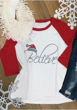 Christmas Hat Believe Printed Splicing T-Shirt