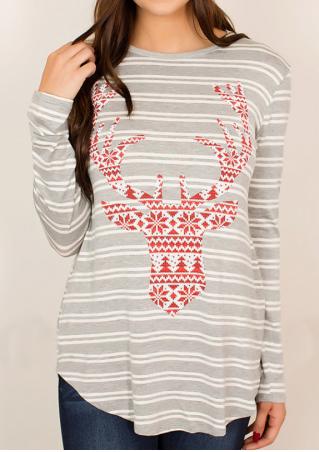 Christmas Striped Snowflake Reindeer Printed T-Shirt