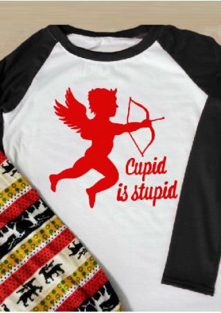 Cupid Letter Printed Splicing Long Sleeve T-Shirt