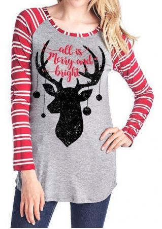 Christmas Reindeer Letter Printed Striped Splicing T-Shirt