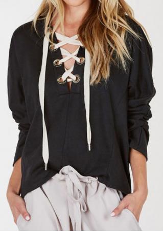 Solid Lace Up V-Neck Hoodie
