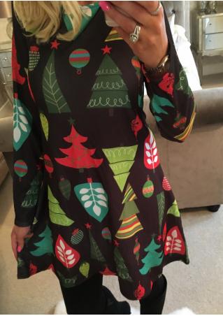 Christmas Tree Printed O-Neck Mini Dress