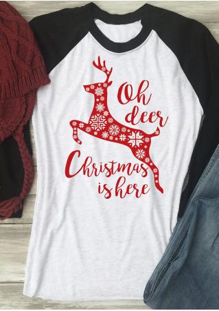 Christmas Is Here Reindeer Three Quarter Sleeve Baseball T-Shirt
